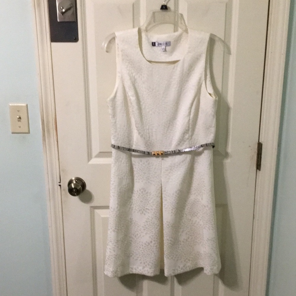 Jennifer Lopez J Lo White Ivory Textured Dress Reptile Belt L XL 14